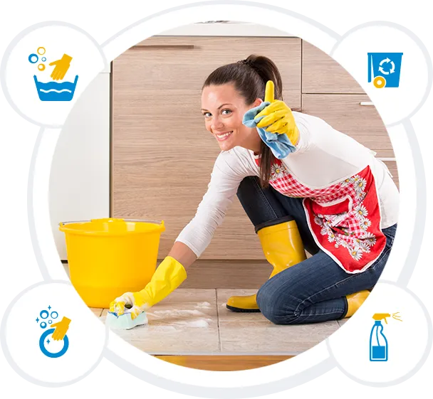 Happy cleaner scrubbing tiles floor